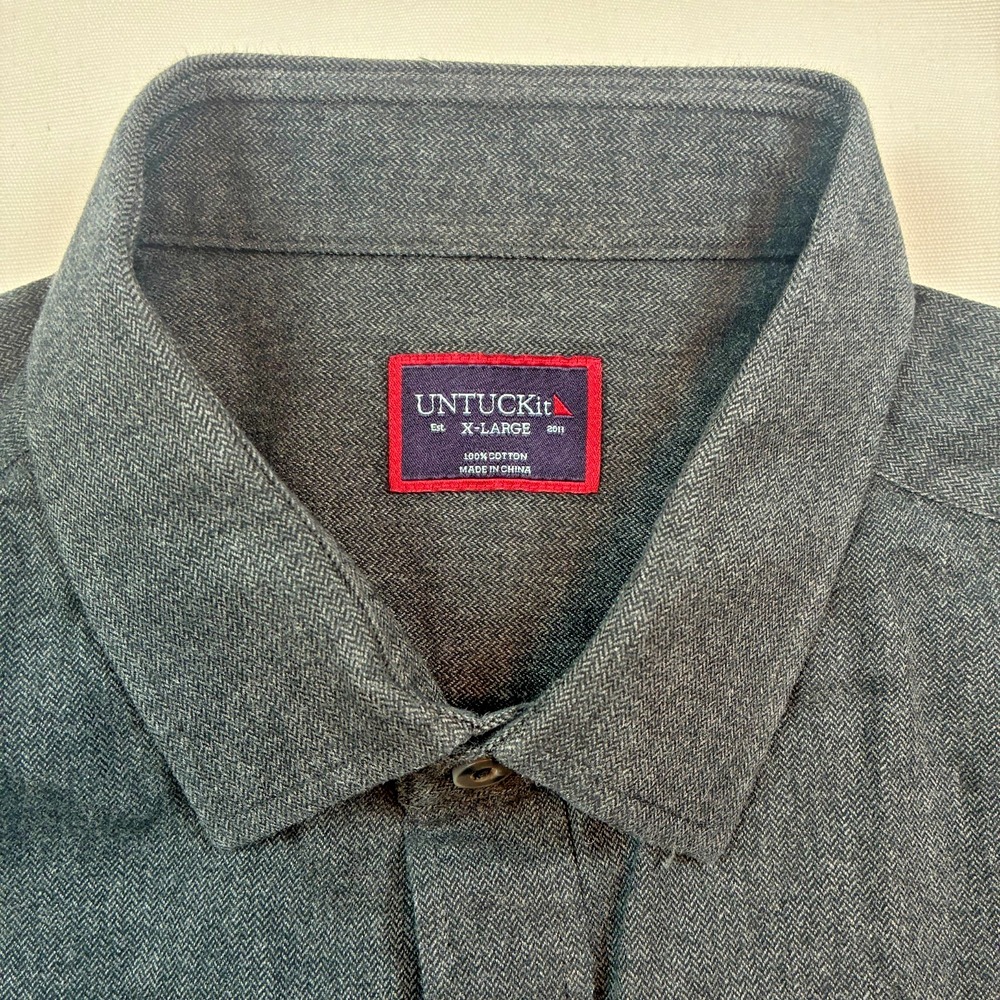 Untuckit XL Flannel Shirt Gray Cotton Herringbone Pattern